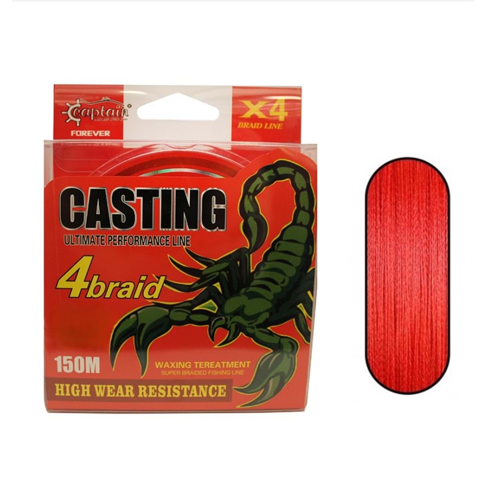 Captain Casting PE 4 Kat Spin İp Misina 150mt Kırmızı 0,10mm