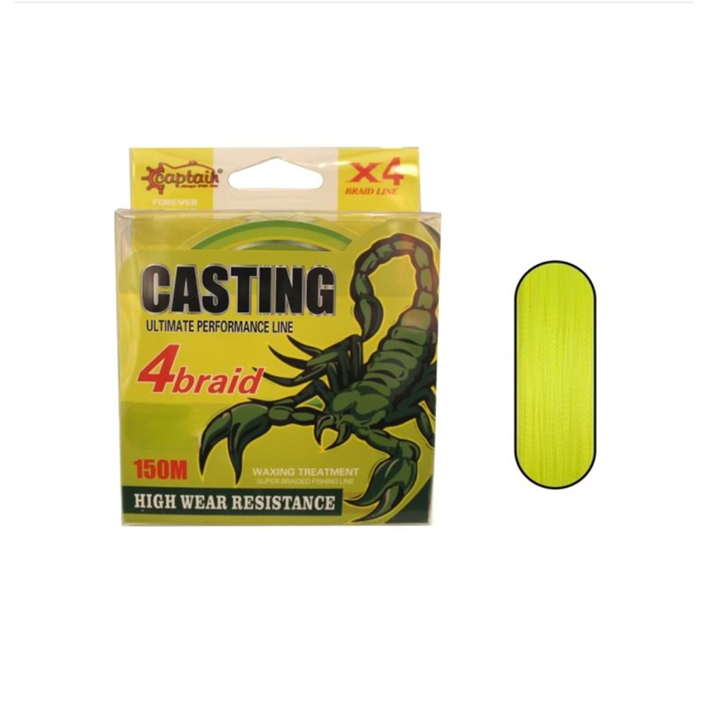 Captain Casting PE 4 Kat Spin İp Misina 150mt Sarı 0,10 mm.