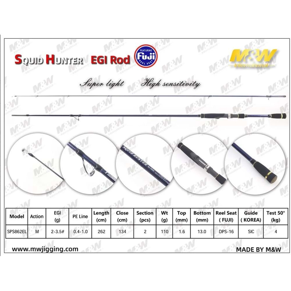 M&W Squid Hunter 2.62m EGI 2.0-3.5# Line 0.4 1 PE Kalamar Kamışı